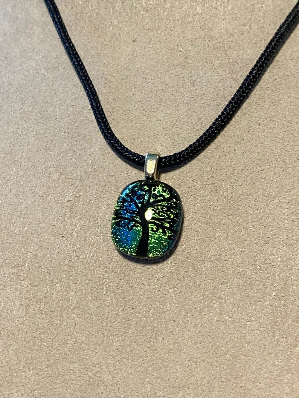 Dichroic Glass Tree of Life Pendant Necklace in Green-Blue